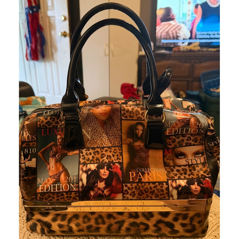 Le Miel Pasiion Leopard Magazine Print Satchel Bag Gold Frame Bottom Compartment - Picture 2 of 16